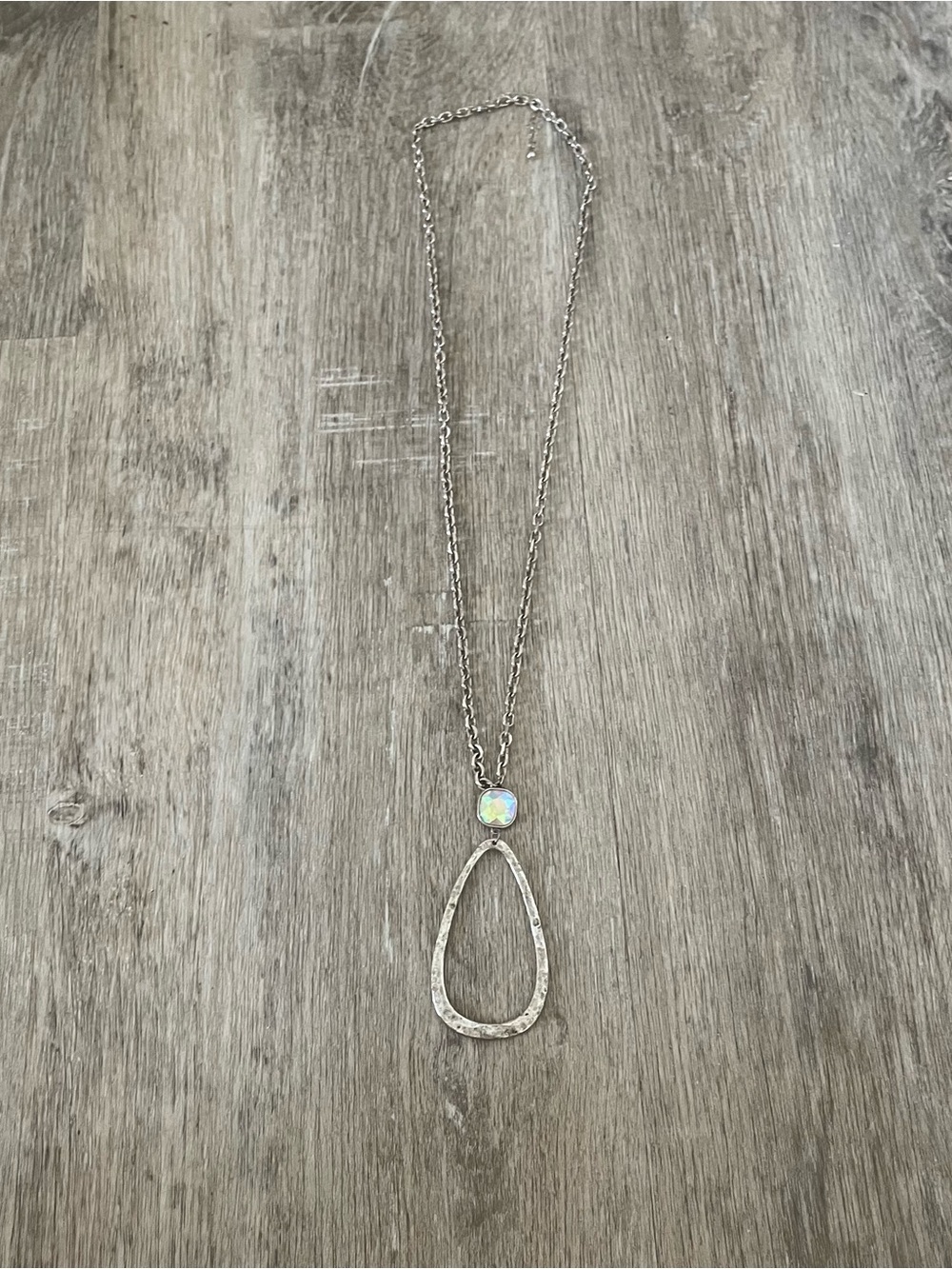 Silver Tone Necklace with Iridescent Crystal & Textured Teardrop Pendant